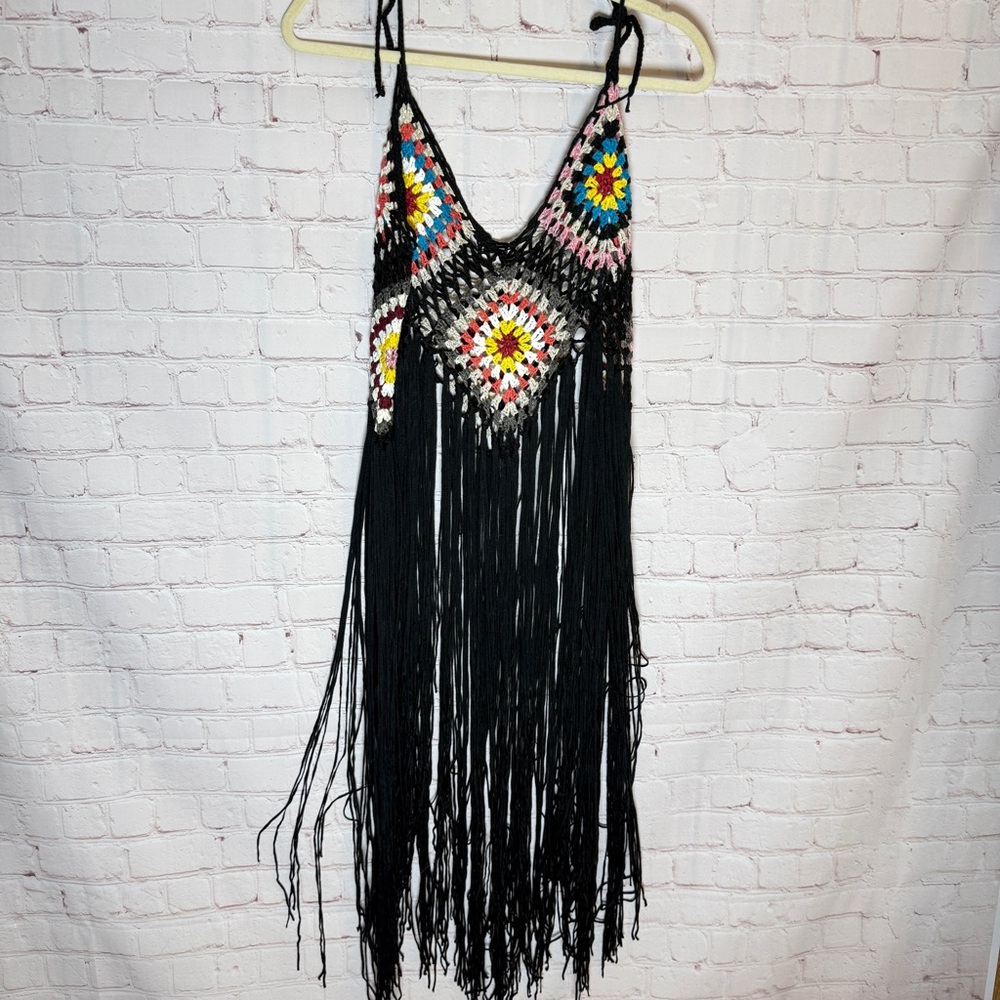 Handmade Black Crochet Fringe swim‎ cover-up Dress with Multicolor Accents